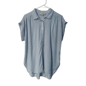 LOFT Womens Blue White Pinstripe Rayon Short Sleeve Button Down Shirt Medium